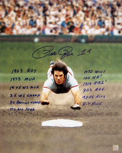 Pete Rose Signed Autographed "The Dive" Glossy 16x20 Photo w/ Stats (ASI COA)