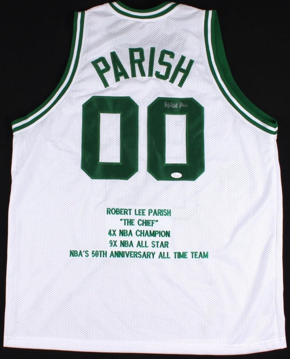 Robert Parish Signed Autographed Boston Celtics Basketball Stat Jersey (JSA COA)