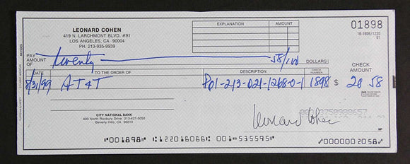 Leonard Cohen Signed Autographed Personal Check (SA COA)