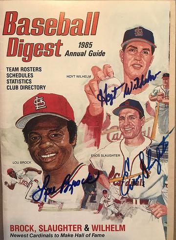 Lou Brock, Hoyt Wilhelm & Enos Slaughter Signed Autographed 1985 St. Louis Cardinals 