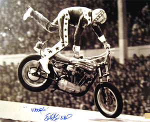 Evel Knievel Signed Autographed Glossy 16x20 Photo Wembley Crash With "WOOPS" Inscription (ASI COA)