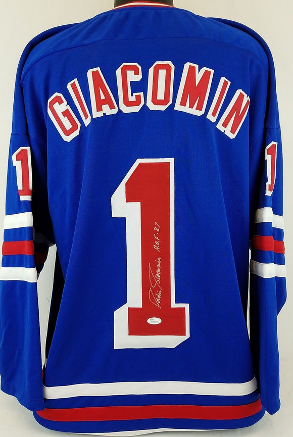 Eddie Giacomin Signed Autographed 'HOF 87' New York Rangers Hockey Jersey (JSA COA)
