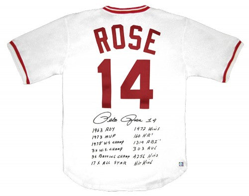 Pete Rose Signed Autographed Cincinnati Reds Baseball Jersey w/ Stats (ASI COA)
