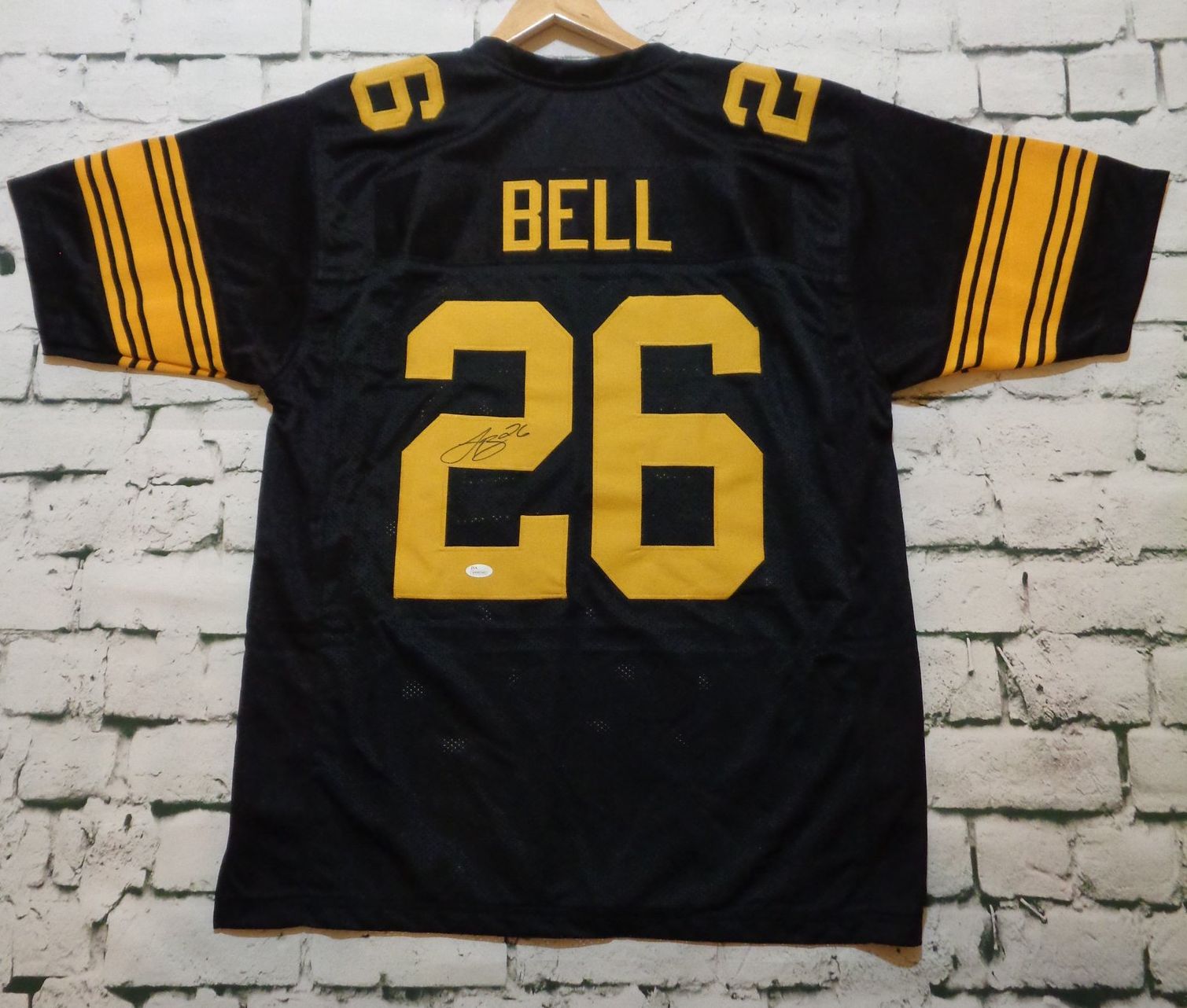 Le'Veon Bell Signed Steelers 35 x 43 Custom Framed Throwback Jersey –